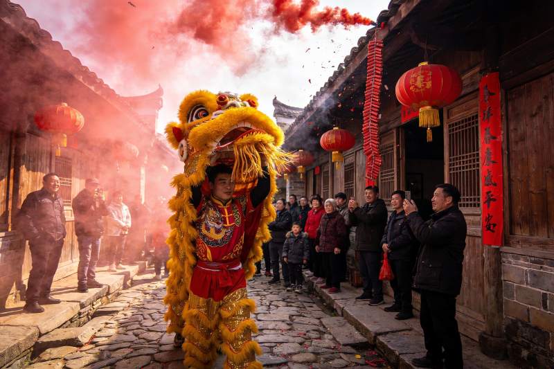 古街舞狮庆典热闹非凡图片