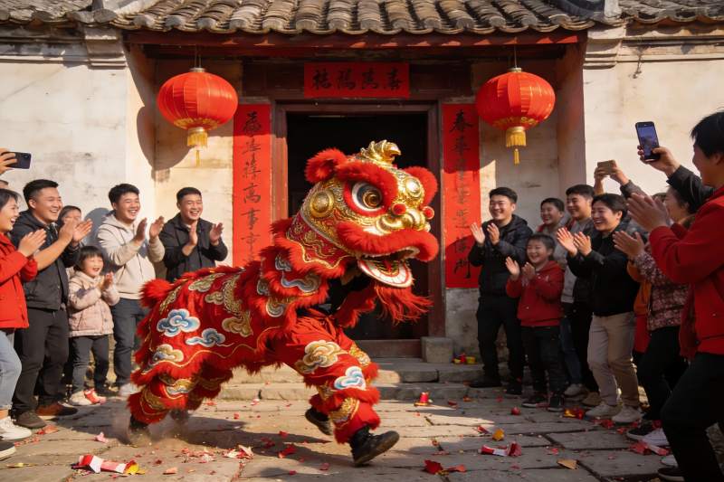 传统舞狮表演热闹非凡图片