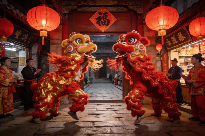 传统舞狮表演热闹非凡图片