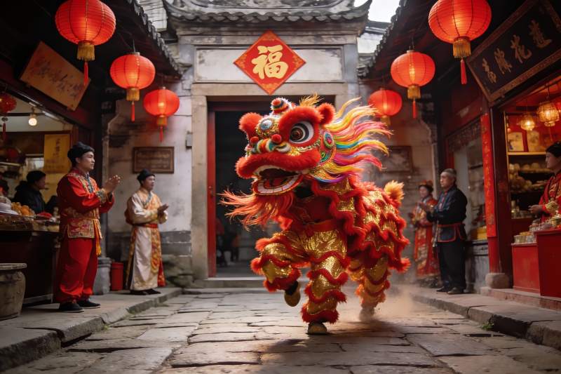 古街舞狮表演热闹非凡图片