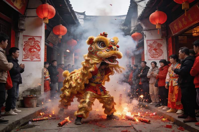 街头舞狮表演热闹非凡图片