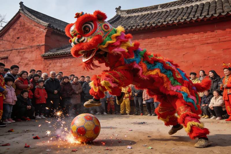 舞狮表演火花四溅热闹非凡图片