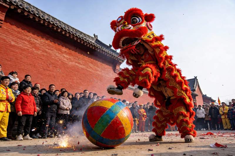 舞狮表演火花四溅热闹非凡图片