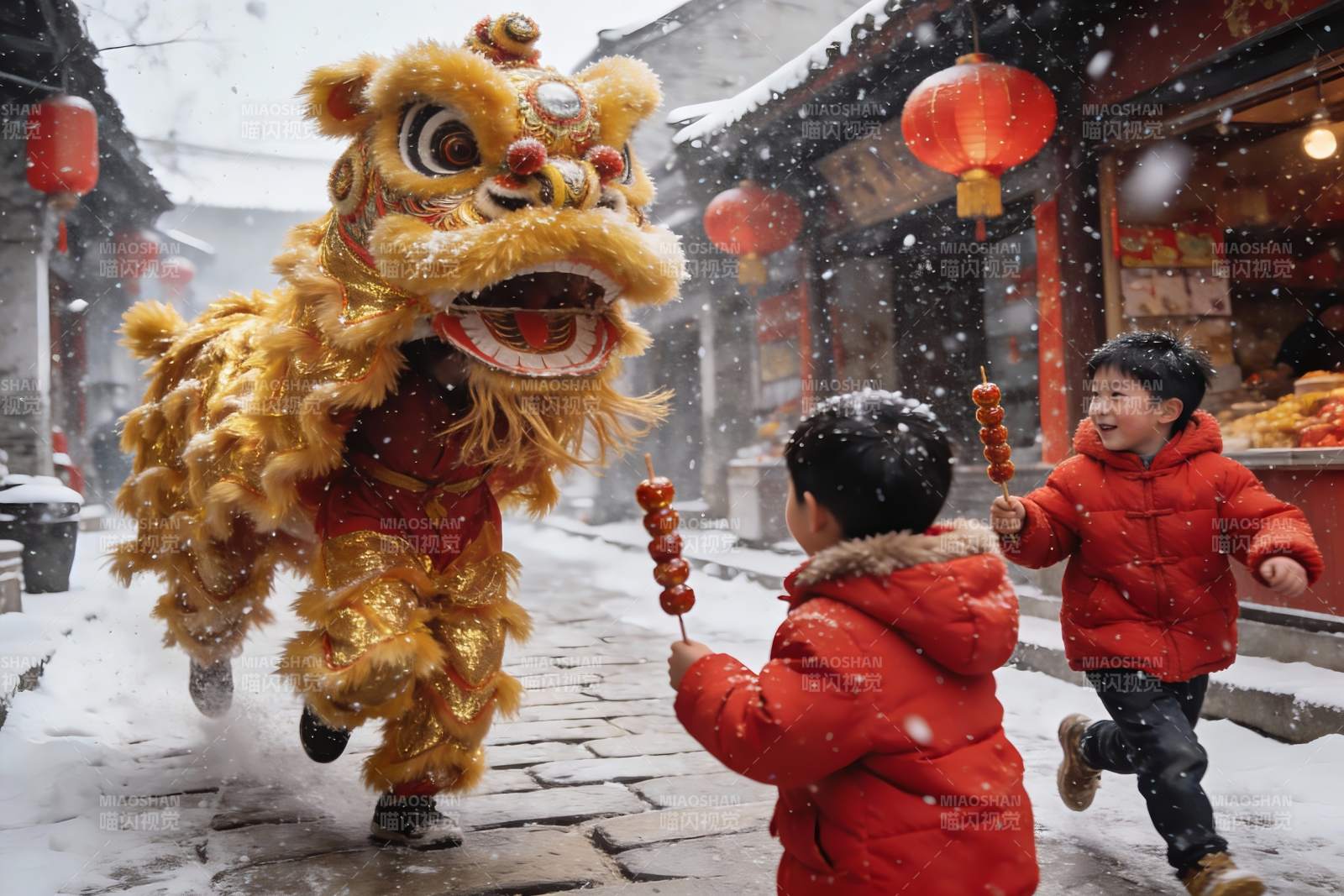 雪中舞狮孩童追逐欢乐场景图片