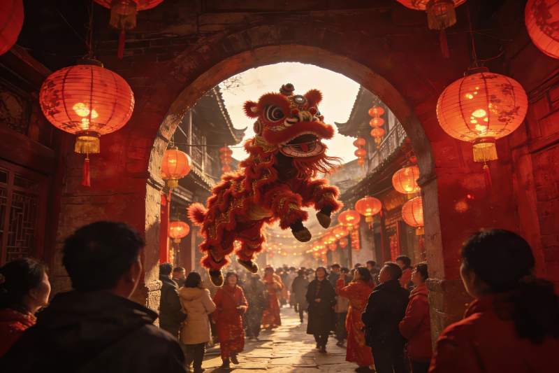 红灯笼下舞狮迎新春图片