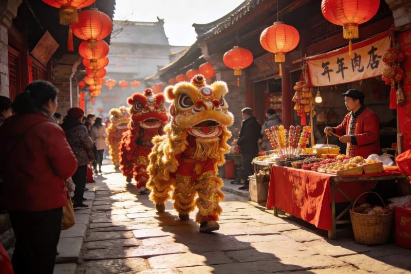 街头舞狮表演热闹非凡图片