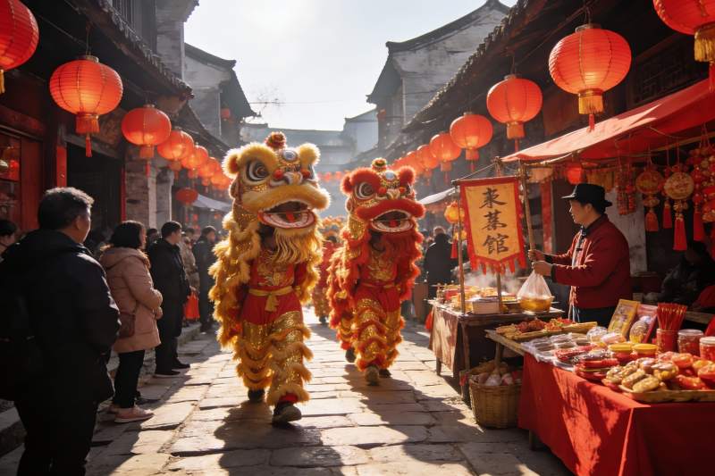 古街舞狮庆典热闹非凡图片