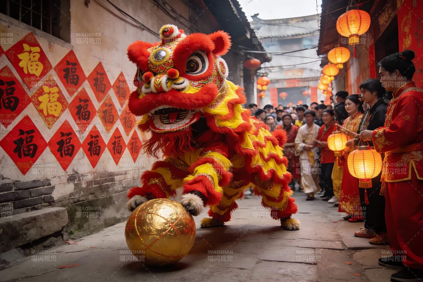 传统舞狮表演热闹街巷图片