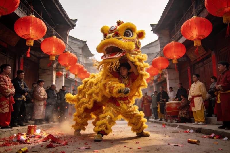 街头舞狮表演热闹非凡图片