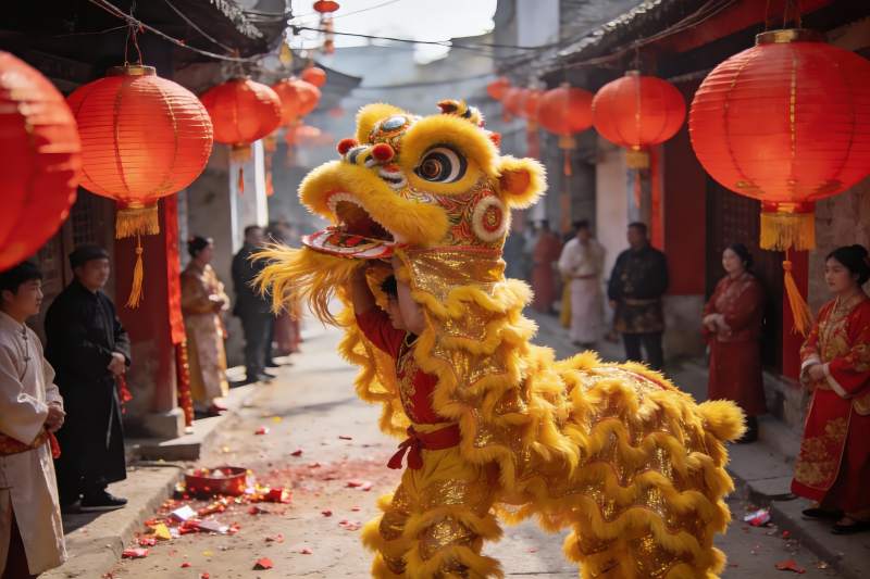 街头舞狮表演热闹非凡图片