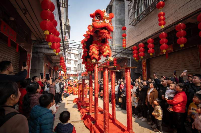 街头舞狮表演热闹非凡图片