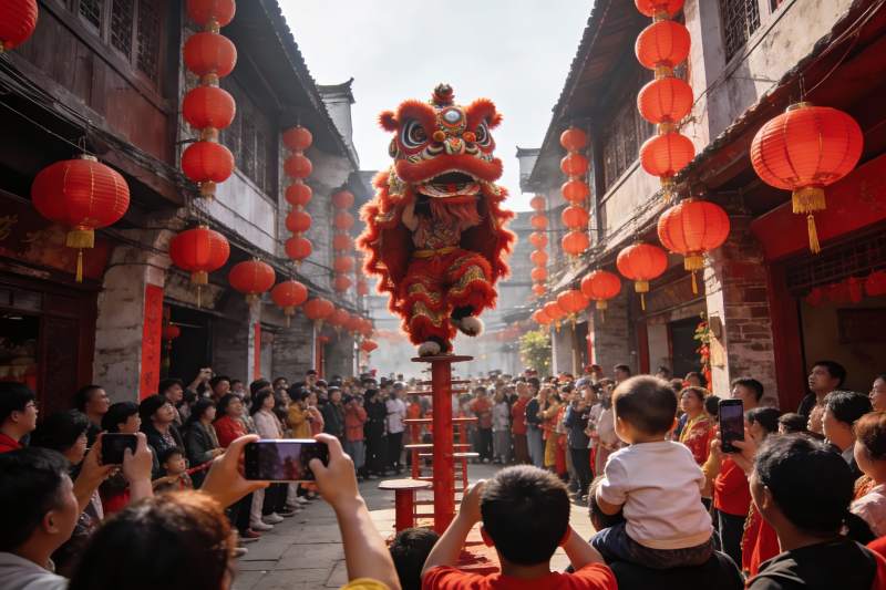 古街舞狮表演热闹非凡图片