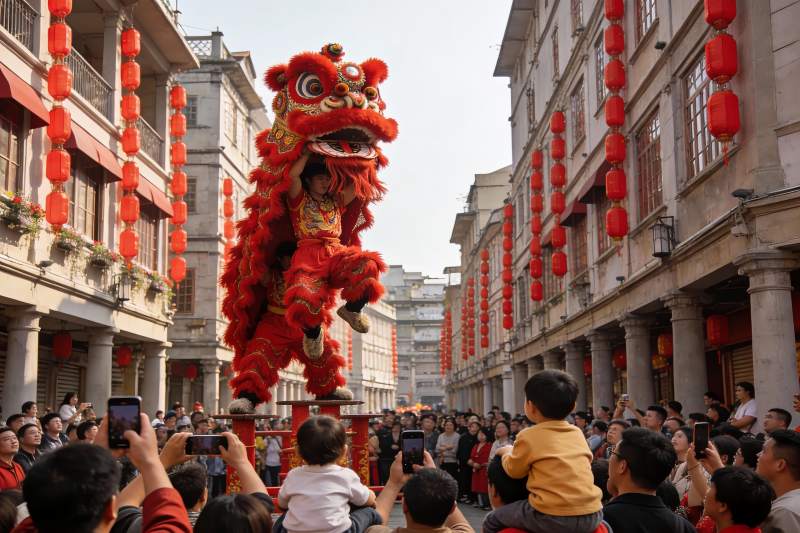 街头舞狮表演热闹非凡图片