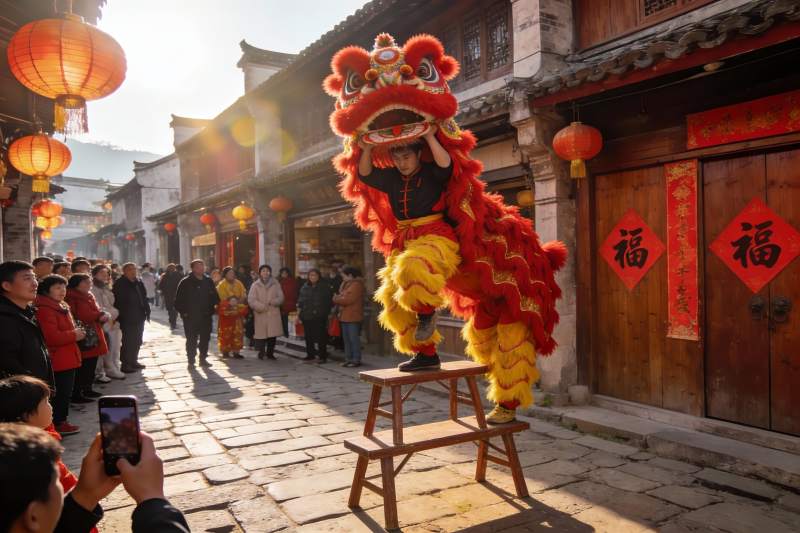 古街舞狮表演热闹非凡图片