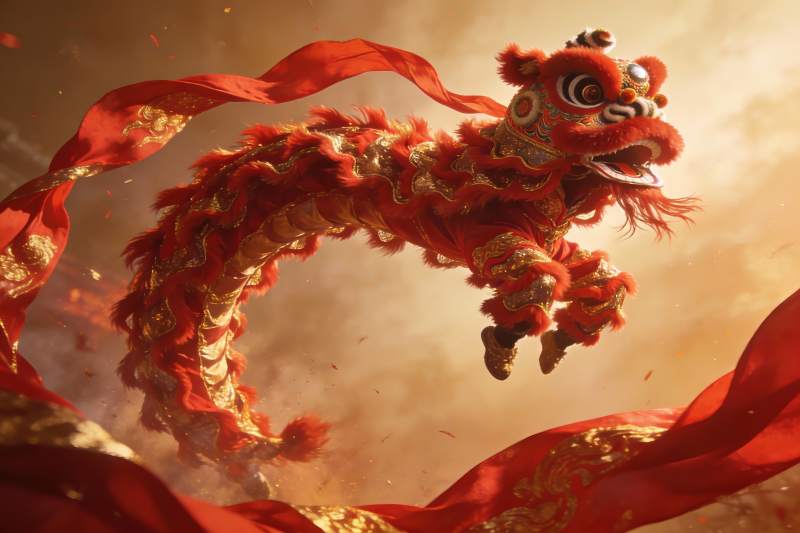 红色舞狮空中飞跃表演图片