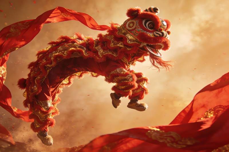 红色舞狮空中飞跃表演图片