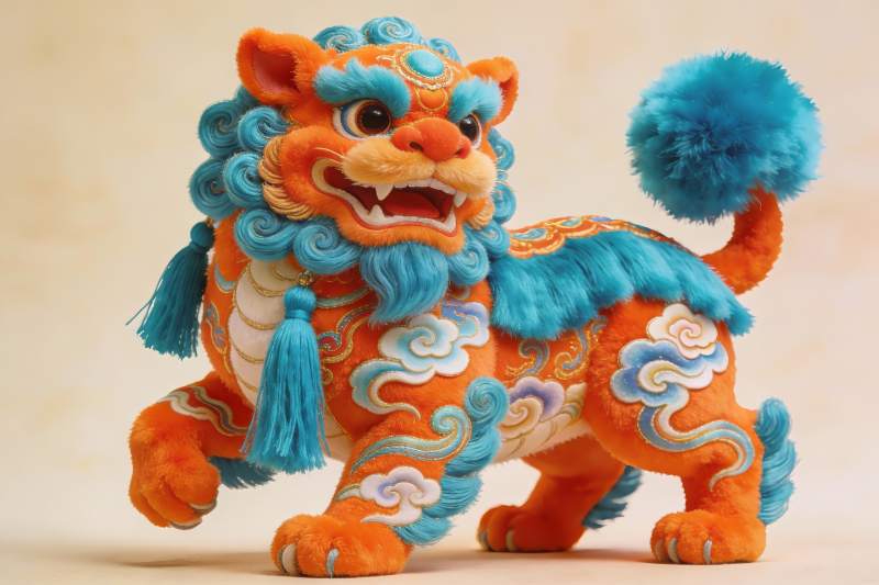 橙蓝相间毛绒狮子摆件图片