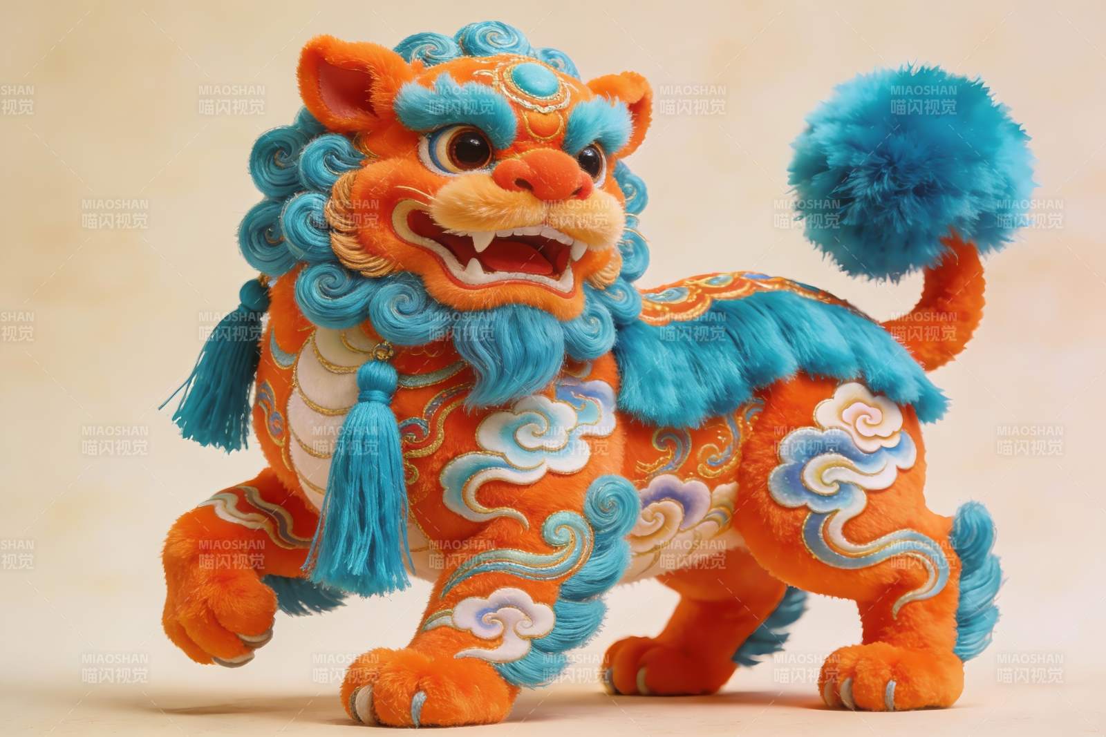 橙蓝相间毛绒狮子摆件图片