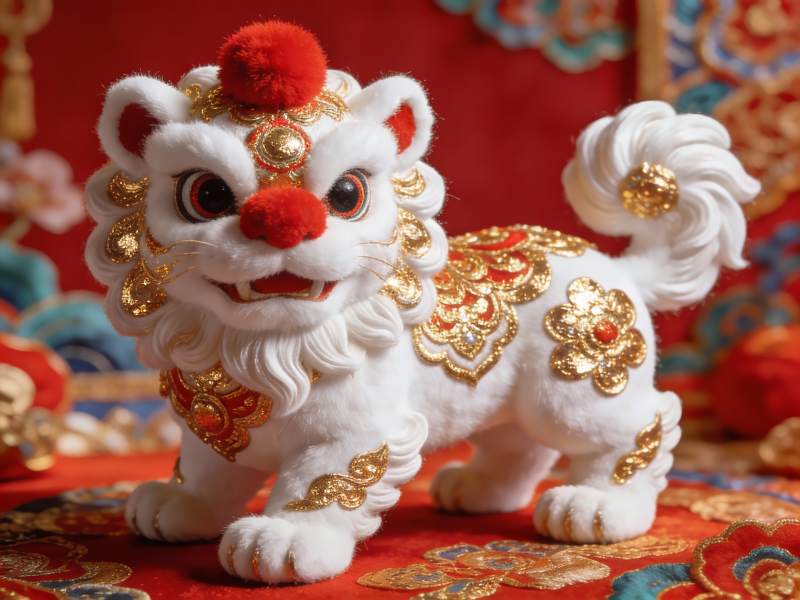 红色背景下的金色狮子玩偶图片