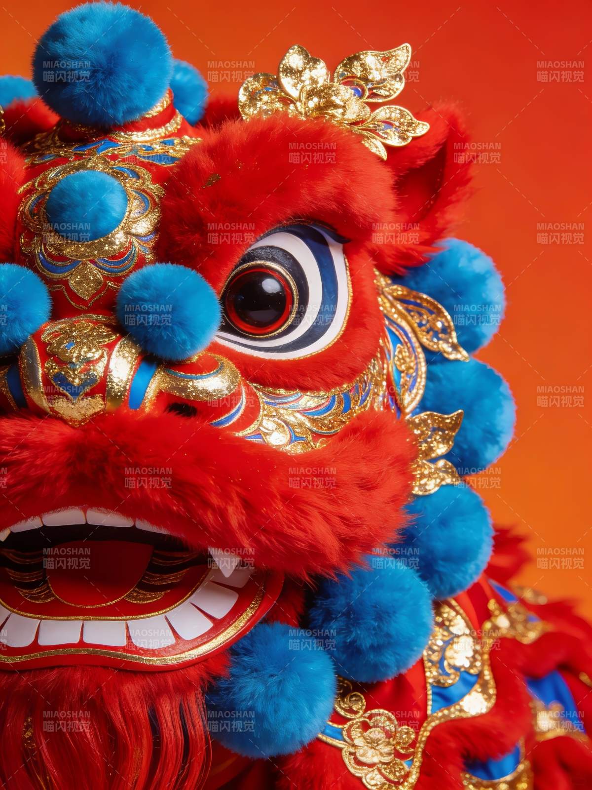 红色舞狮头特写鲜艳夺目图片
