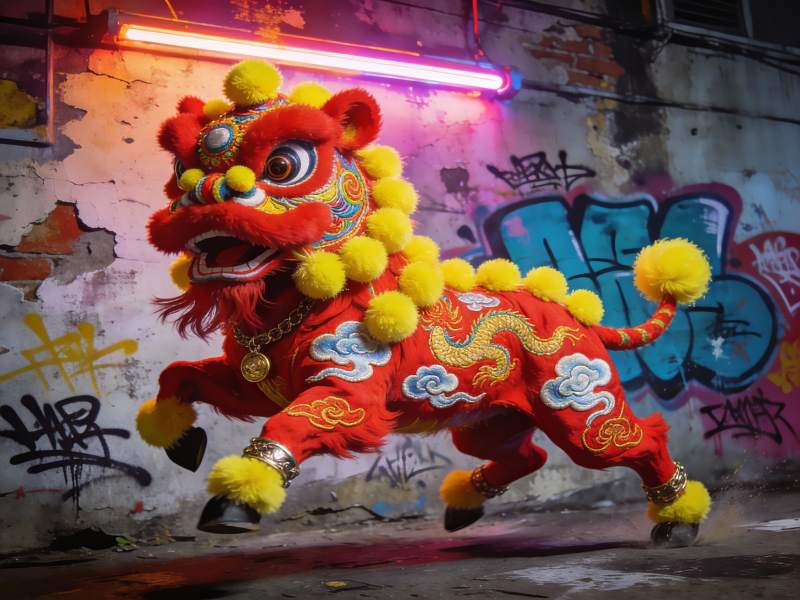 街头舞狮光影艺术图片