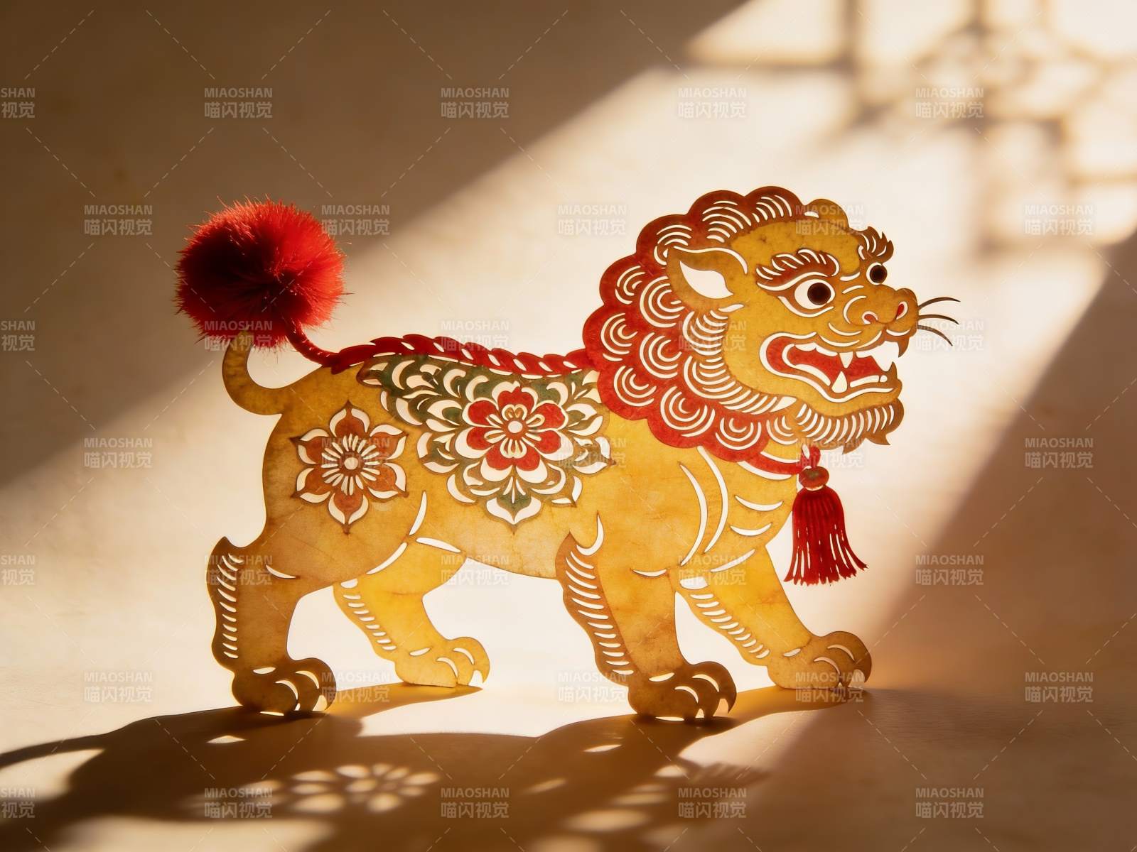 光影中的传统狮子剪纸艺术图片