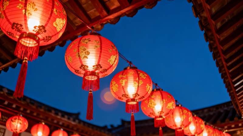 夜幕下古建筑红灯笼高挂图片