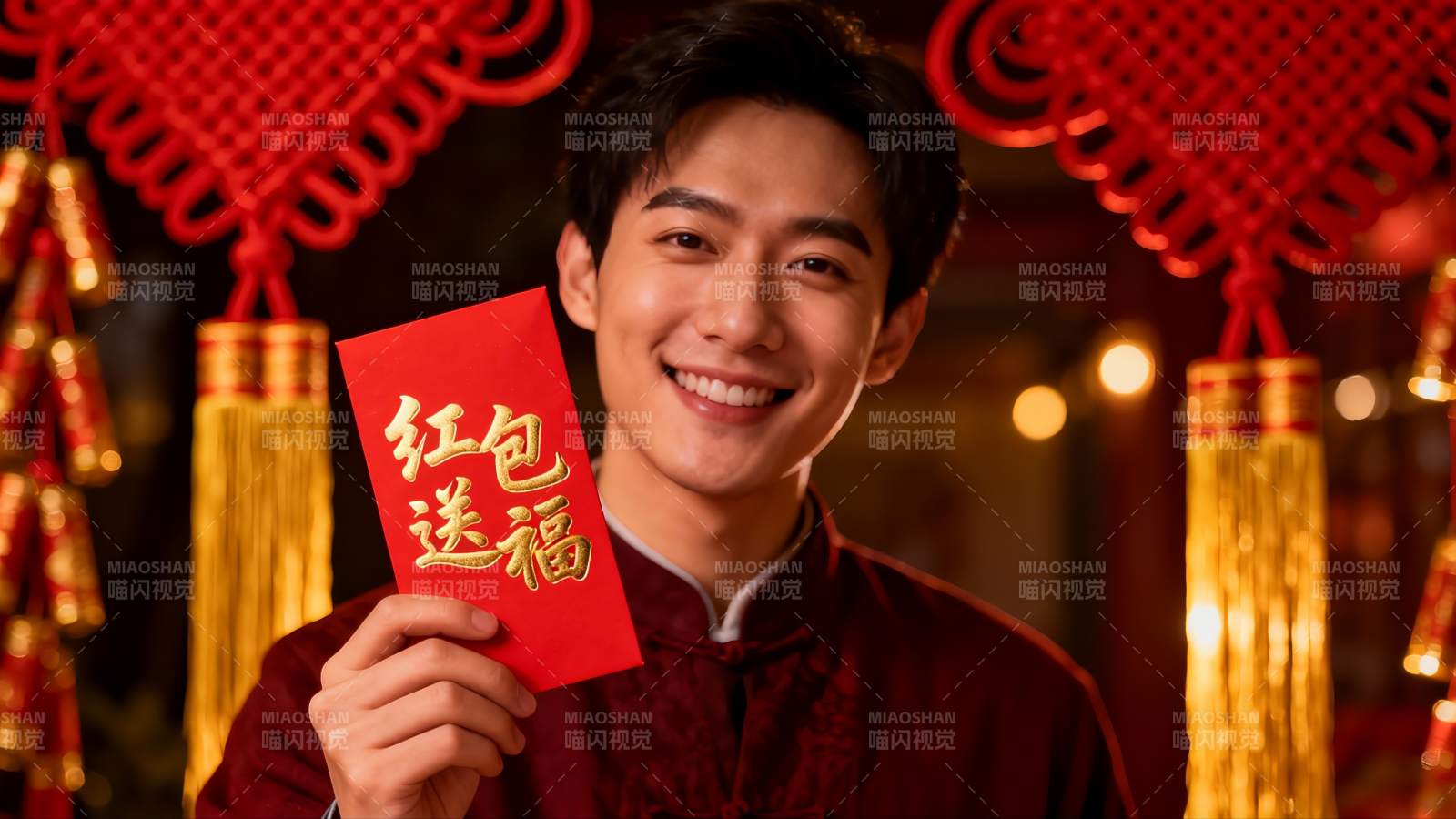 青年男子手持红包喜庆迎新年图片