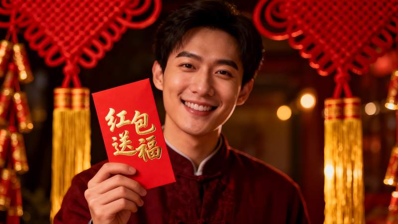 青年男子手持红包喜庆迎新年图片
