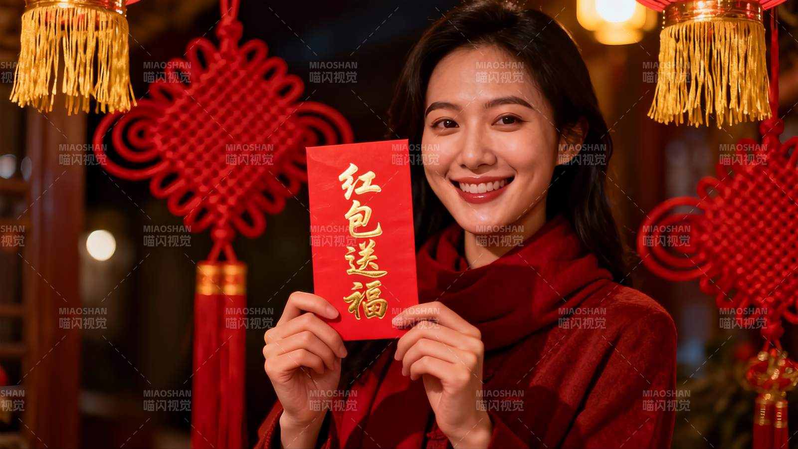 女子手持红包喜庆迎新年图片