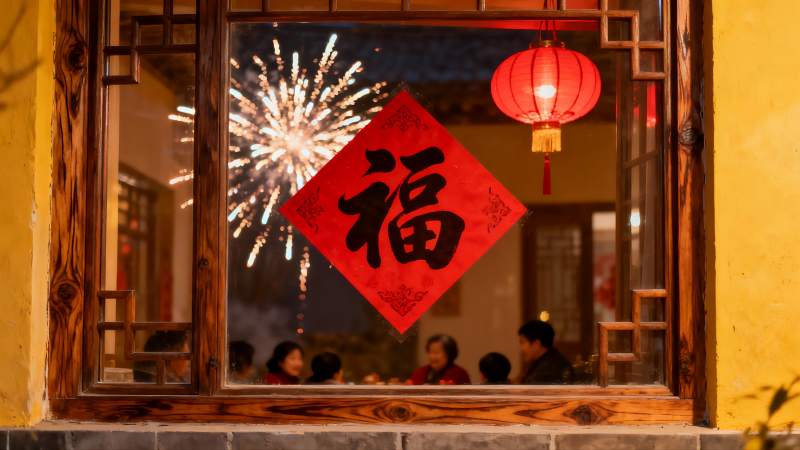 窗内欢聚窗外烟花绽放图片