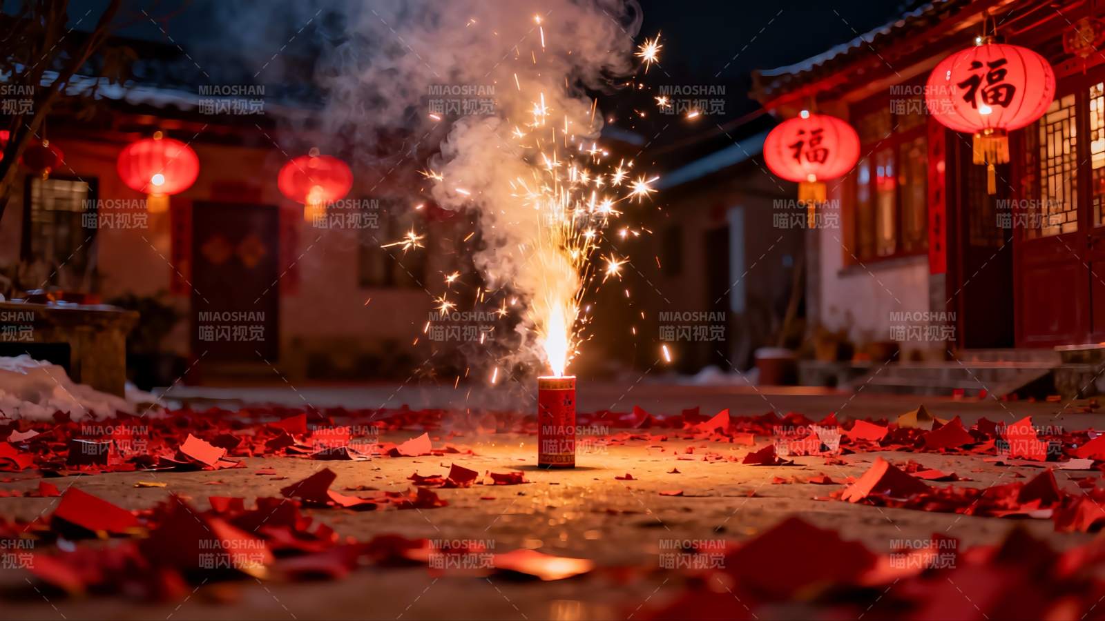 夜景庭院烟花绽放红灯笼高挂图片