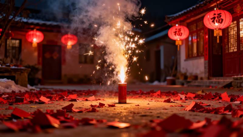 夜景庭院烟花绽放红灯笼高挂图片