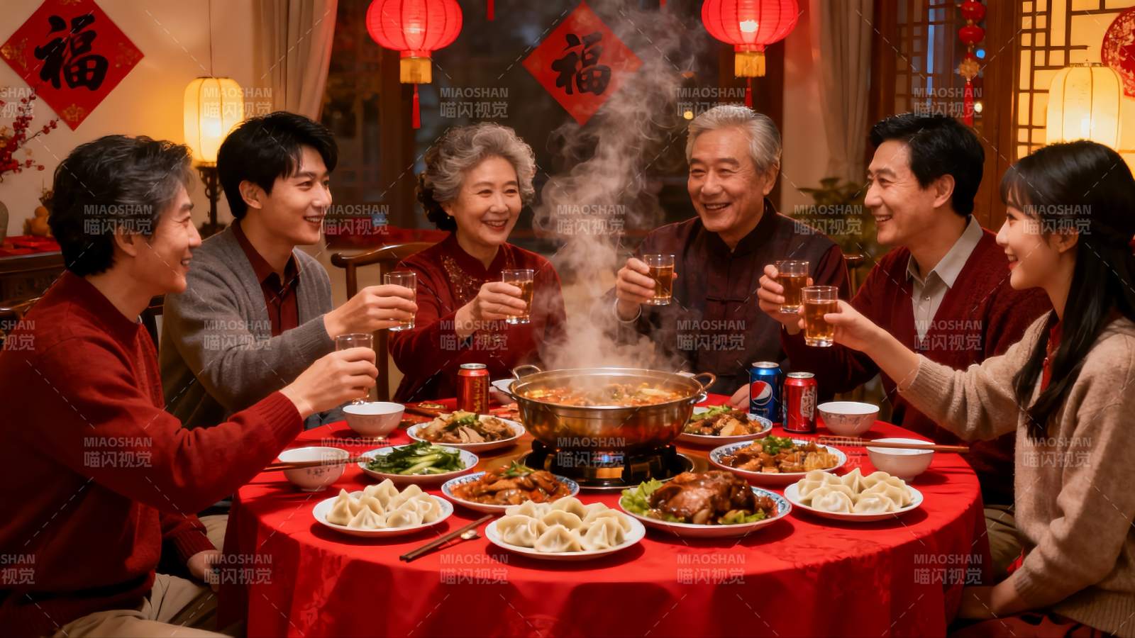 家人围坐餐桌共庆团圆图片