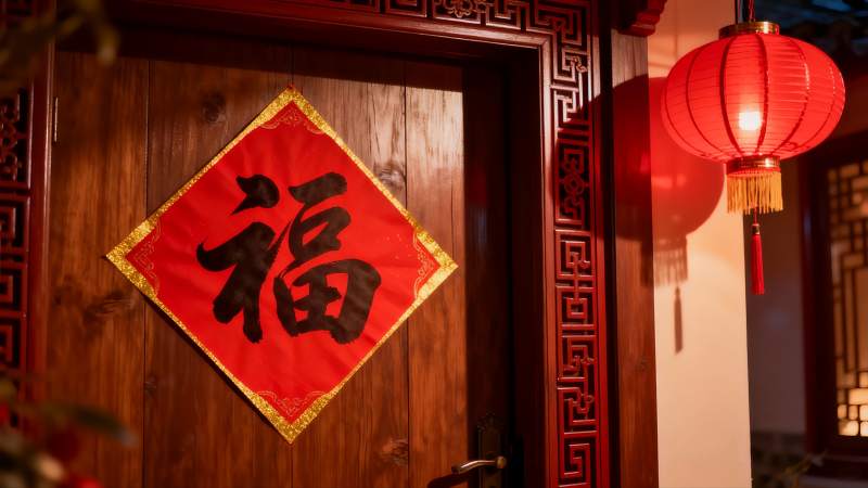 中式门上福字灯笼迎新春图片