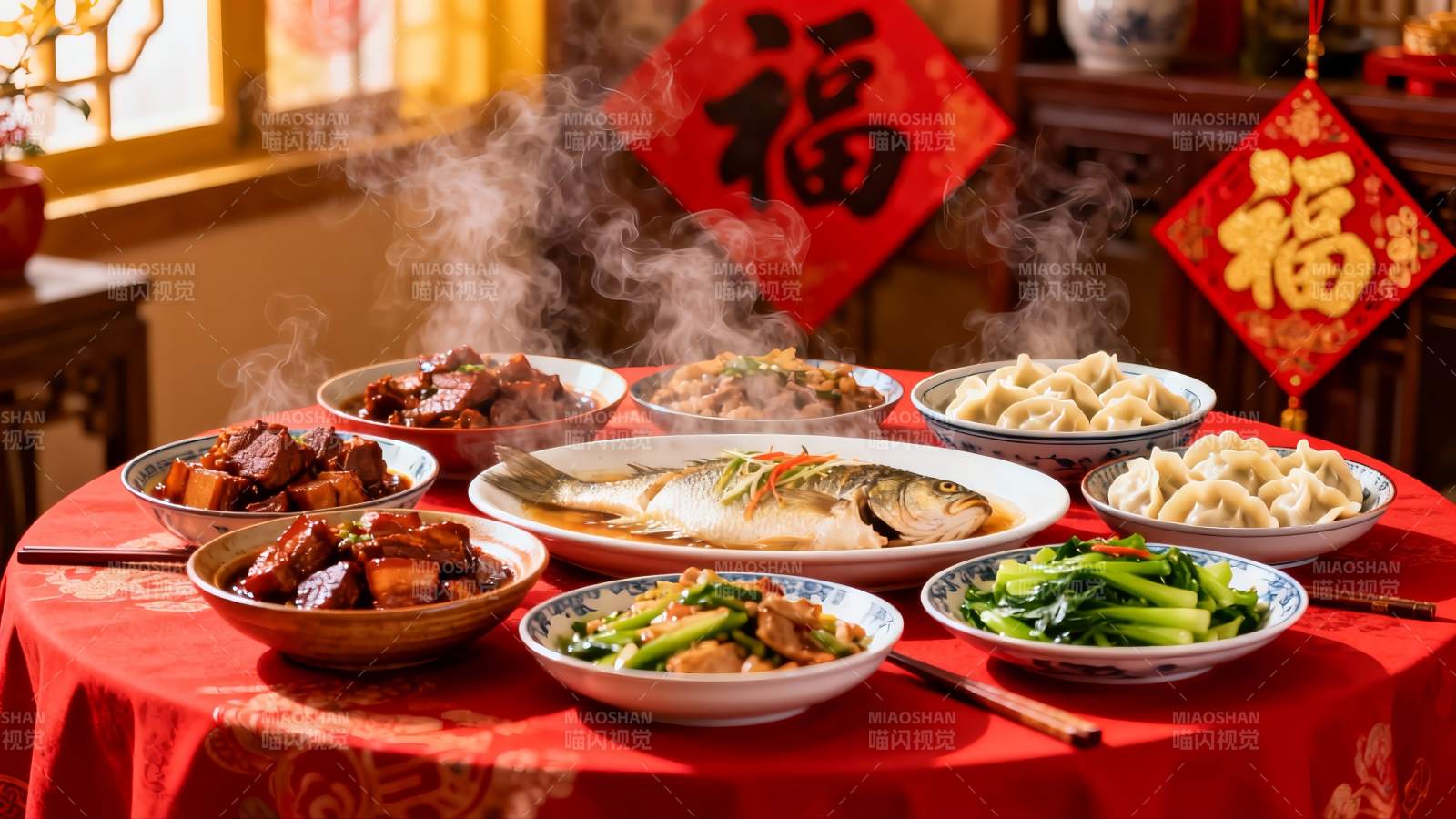 丰盛年夜饭热气腾腾图片
