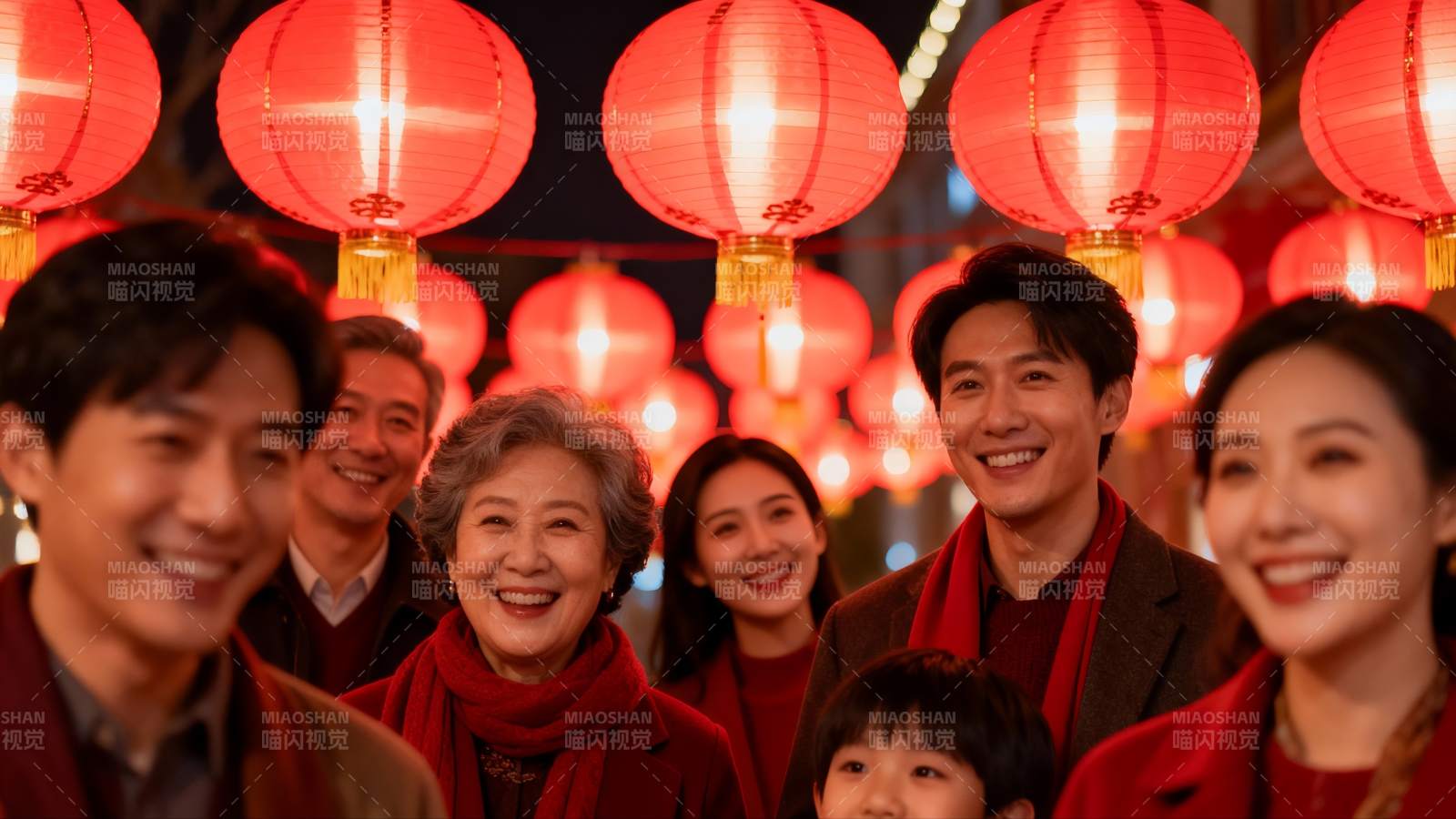 春节红灯笼下全家福图片