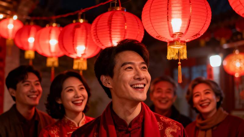 新春佳节家人欢聚挂红灯笼图片