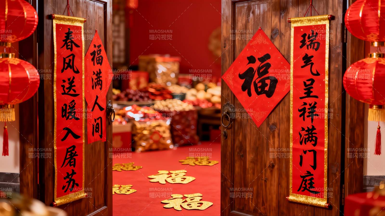 春节装饰木门红灯笼图片