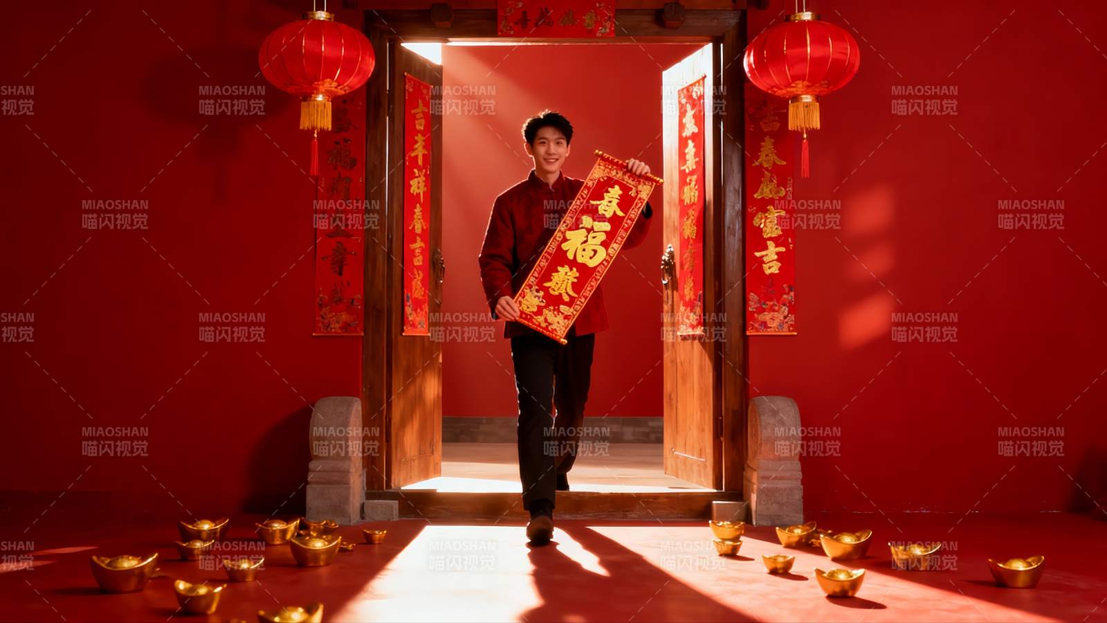 男子手持春联行于红色门庭图片