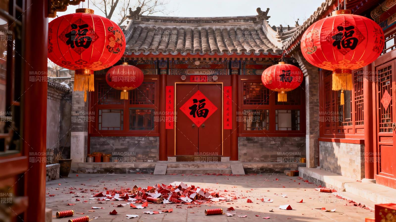 中式庭院挂红灯笼庆佳节图片