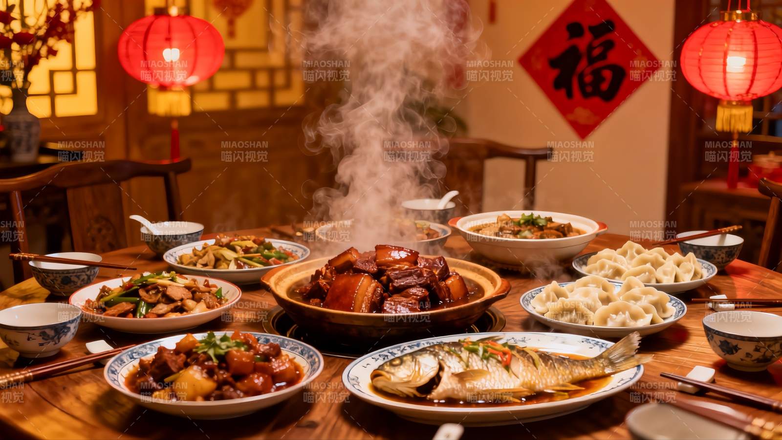 中式年夜饭热气腾腾图片