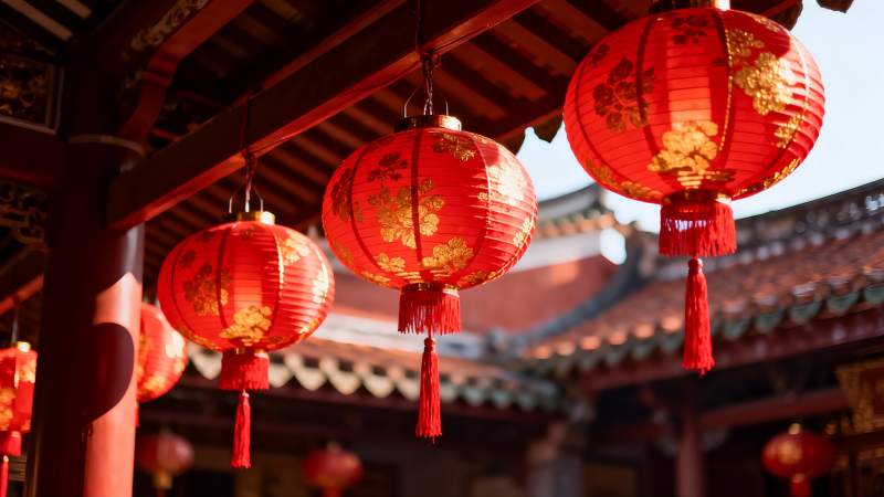 古建筑前悬挂的红色灯笼图片