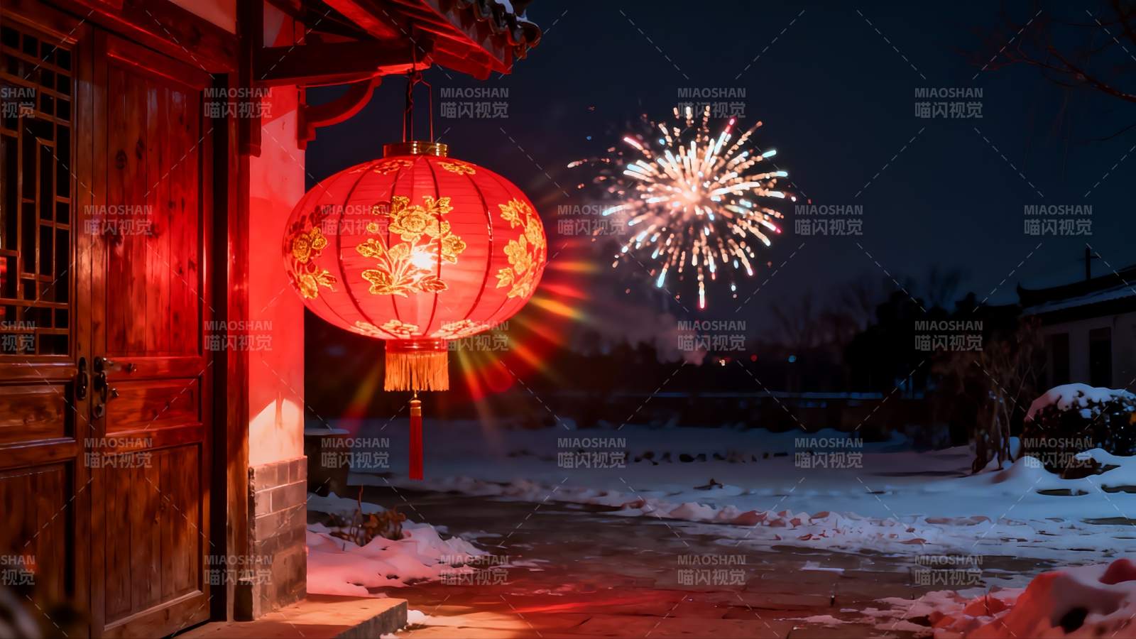雪夜灯笼烟花绽放图片