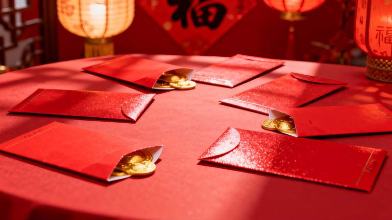 红色红包与金色硬币的节日布置图片