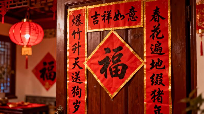 春节门贴福字灯笼喜庆图片