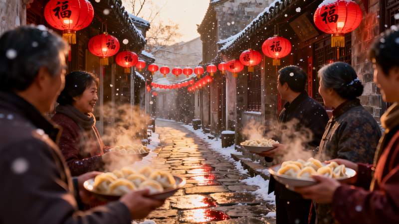 雪夜古巷饺子宴图片