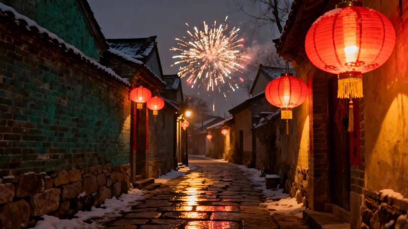 雪夜古巷烟花绽放图片