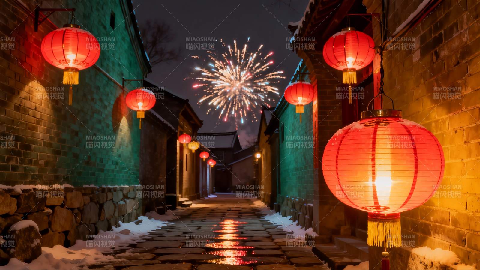 雪夜古巷烟花绽放图片