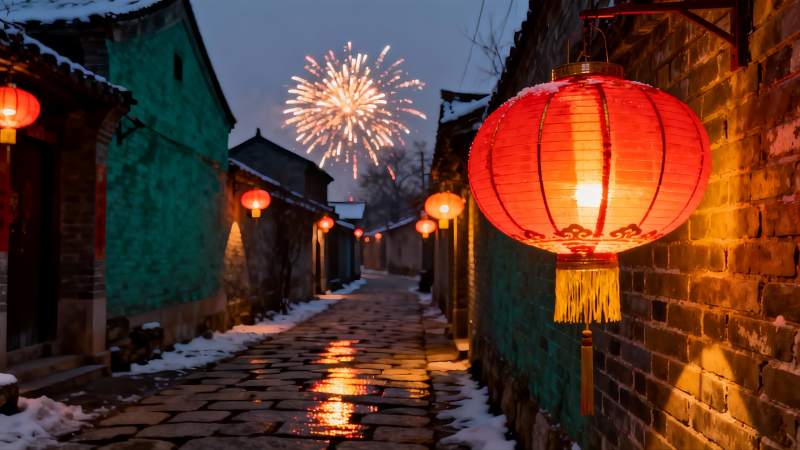 雪夜古巷烟花红灯笼图片